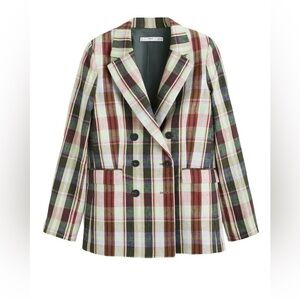 MANGO plaid double breasted linen/cotton blend blazer size S